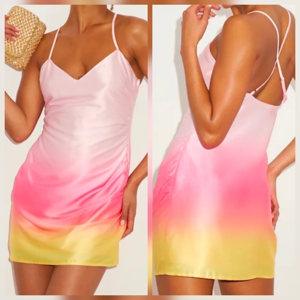 Lulus Dela Light Pink Yellow Sunset Ombre Satin Mini Dress, Size Medium